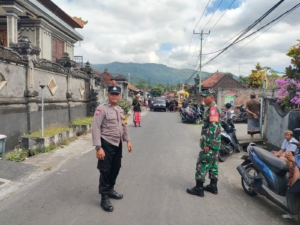 Babinsa titab bersinergi dengan babinkamtibmas dan pecalang amankan jalanya upacara pengabenan di desa binaan