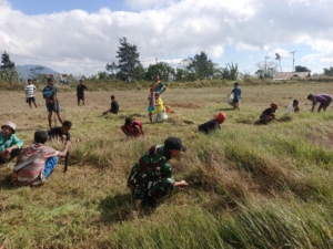 Semangat Gotong Royong, Pos Fohuk Bersama Masyarakat Laksanakan Pembersihan Lapangan Desa