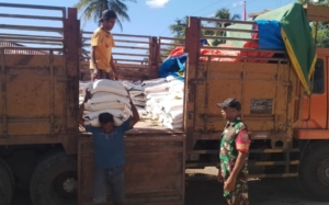 Babinsa Koramil 1618-01/Miotim Dampingi Penyaluran Bantuan Beras untuk Warga Desa Noebaun