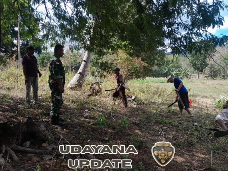 Wujudkan Ketahanan Pangan, Babinsa dan Warga Desa Upfaon Gotong Royong Bersihkan Lahan