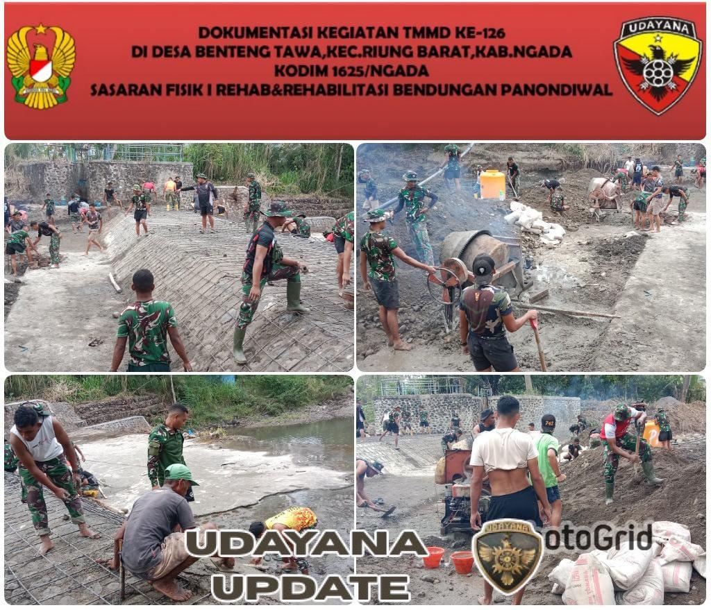 Ngada, Sabtu 18 Oktober 2025 — Memasuki hari ke-10 pelaksanaan TNI Manunggal Membangun Desa (TMMD) ke-126 Tahun Anggaran 2025, Satgas TMMD Kodim 1625/Ngada terus menunjukkan dedikasi tinggi dalam menyelesaikan sasaran fisik berupa rehabilitasi Bendungan Panondiwal di Desa Benteng Tawa, Kecamatan Riung Barat, Kabupaten Ngada. Kegiatan hari ini difokuskan pada pekerjaan pengecoran lantai bendungan, yang merupakan bagian penting dari tahap rehabilitasi infrastruktur irigasi tersebut. Hingga hari ke-10, progres pekerjaan telah mencapai 45 persen, menunjukkan peningkatan signifikan berkat kerja keras Satgas bersama masyarakat setempat. Dengan semangat gotong royong dan kebersamaan, prajurit TNI bersama warga terus berjibaku di lapangan, menata adukan semen dan material bangunan di bawah teriknya matahari tanpa mengenal lelah. Upaya ini menjadi cerminan nyata pengabdian TNI untuk memperkuat ketahanan pangan melalui perbaikan sarana irigasi di wilayah pedesaan. Dandim 1625/Ngada Letkol Inf Imam Subekti, S.E., M.I.P. selaku Dansatgas TMMD menyampaikan bahwa kegiatan ini tidak hanya berorientasi pada pembangunan fisik semata, tetapi juga menumbuhkan semangat kebersamaan antara TNI dan masyarakat. “Melalui TMMD, kami ingin hadir di tengah rakyat untuk membantu mempercepat pembangunan desa, terutama dalam mendukung kesejahteraan masyarakat petani,” ungkapnya. Pengecoran bendungan yang terus dikebut ini diharapkan segera rampung tepat waktu agar dapat dimanfaatkan masyarakat untuk mendukung aktivitas pertanian dan kebutuhan air bersih. TMMD ke-126 Kodim 1625/Ngada menjadi bukti nyata komitmen TNI dalam membangun negeri dari pelosok Nusantara.
