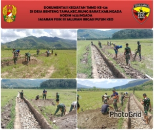 Hari ke-12 TMMD ke-126 Kodim 1625/Ngada, Satgas Fokus Menyusun Batu Lantai Saluran Irigasi Pu’un Keo