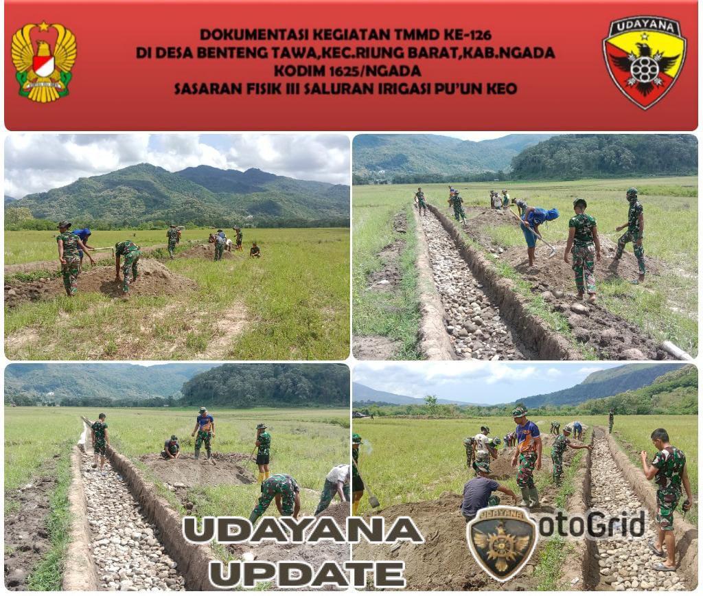 Hari ke-12 TMMD ke-126 Kodim 1625/Ngada, Satgas Fokus Menyusun Batu Lantai Saluran Irigasi Pu’un Keo