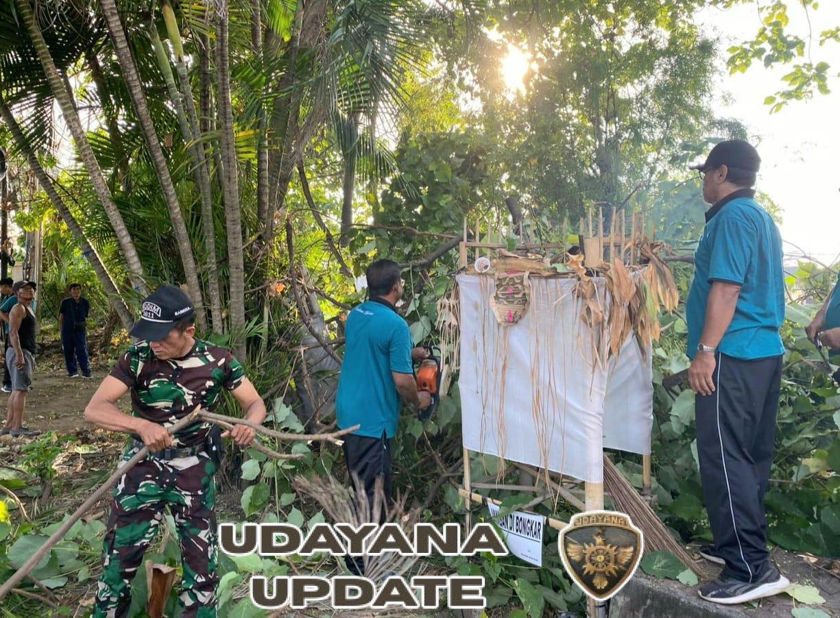 Puluhan Warga Desa Pemecutan Kelod bersama Babinsa Gotong Royong Bersihkan Lingkungan