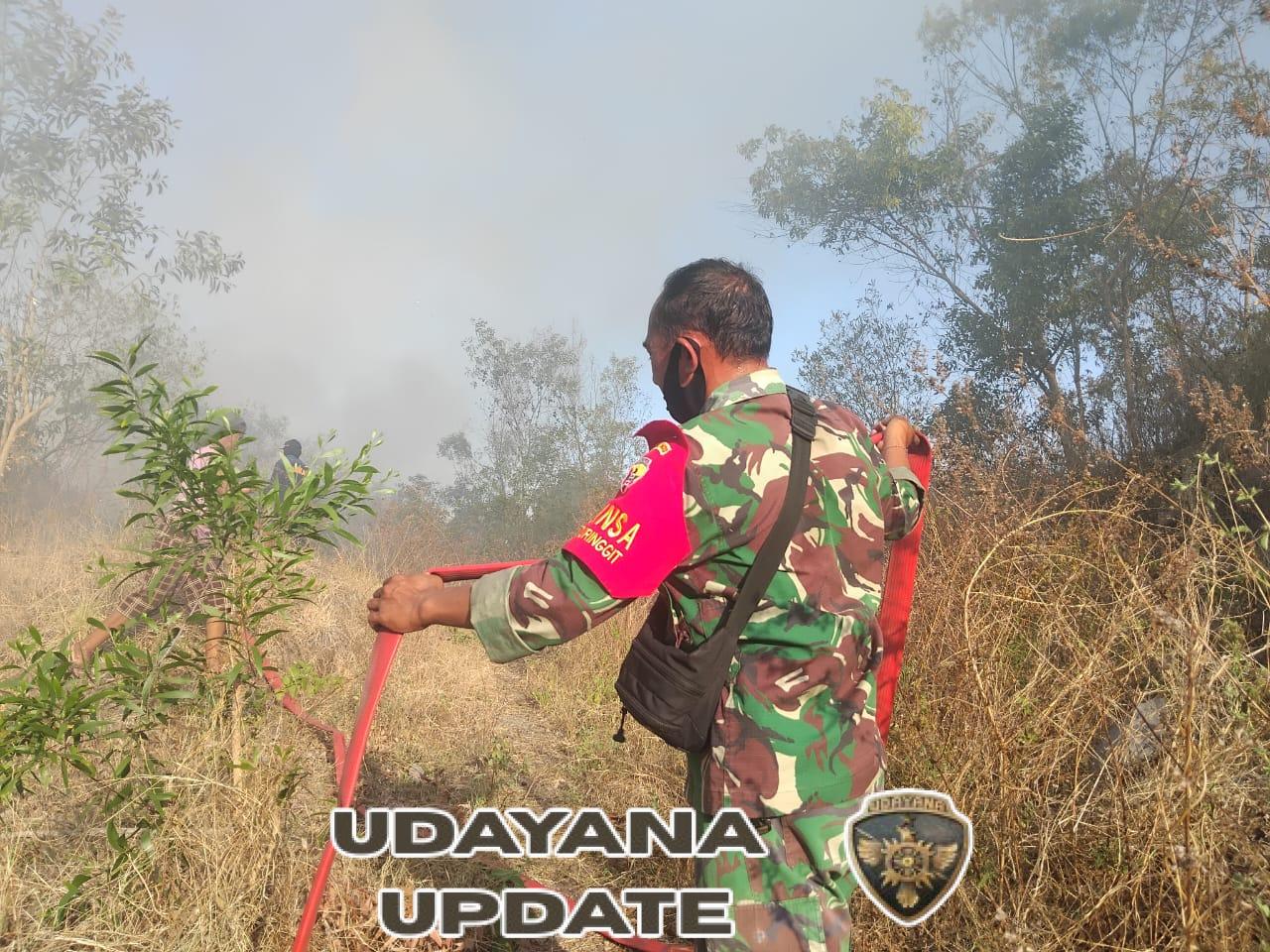 Babinsa Koramil 1623-08/Kubu  bersama Damkar dan warga berjibaku padamkan api kebakaran lahan.