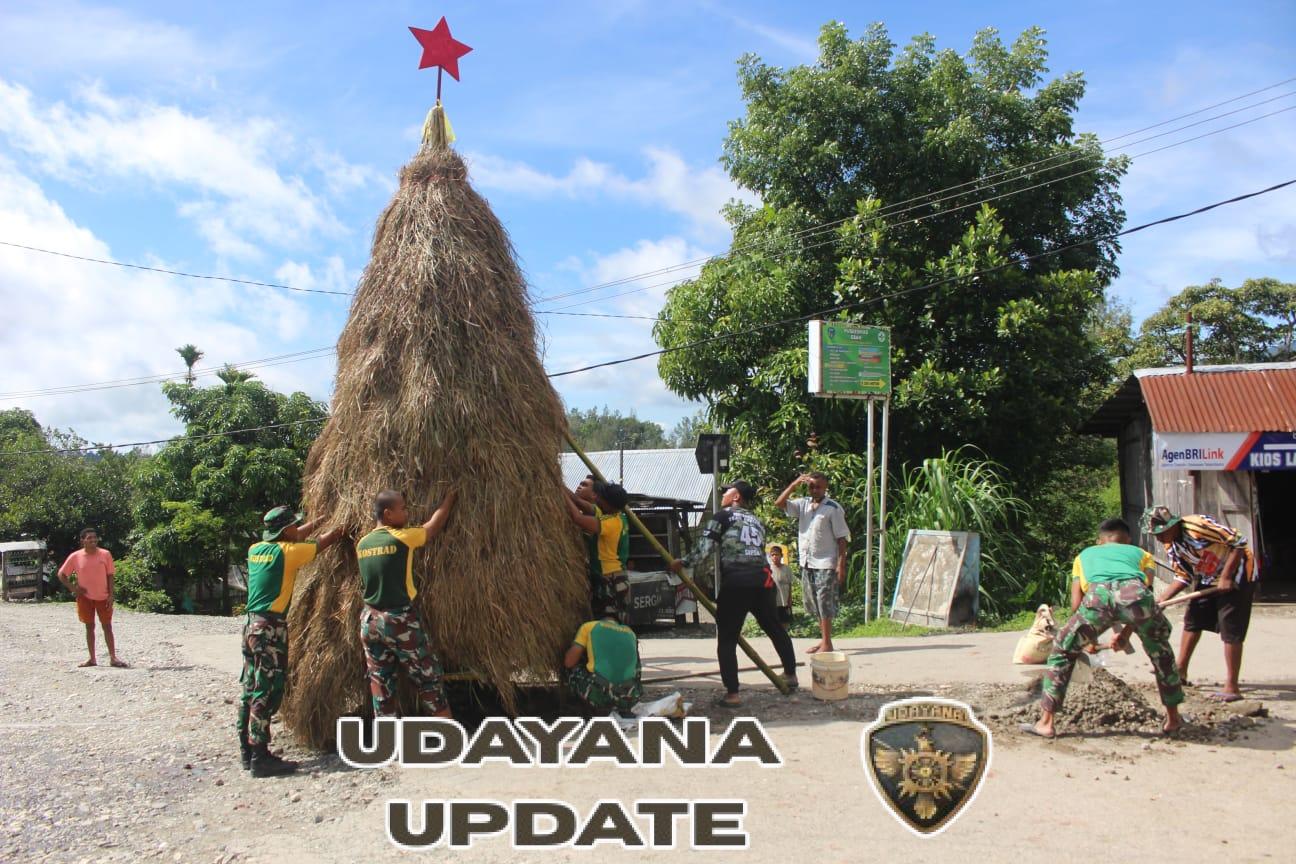 Sambut Hari Natal, Satgas Pamtas Yonarhanud 2 Kostrad Adakan Pembuatan Pohon Natal Bersama Masyarakat di Perbatasan