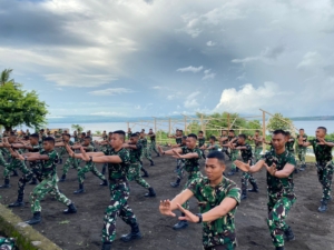 Seluruh personel Denma Brigif TP/31/PS melaksanakan latihan Pencak Silat Militer (PSM) dengan penuh semangat