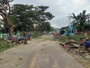 Babinsa Sawe Bersama Warga Pangkas Dahan Pohon Demi Keselamatan Pengguna Jalan