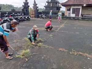 Babinsa Desa Jegu Bersama Warga Lestarikan Budaya Bali Melalui Kegiatan Ngayah di Pura Dalem