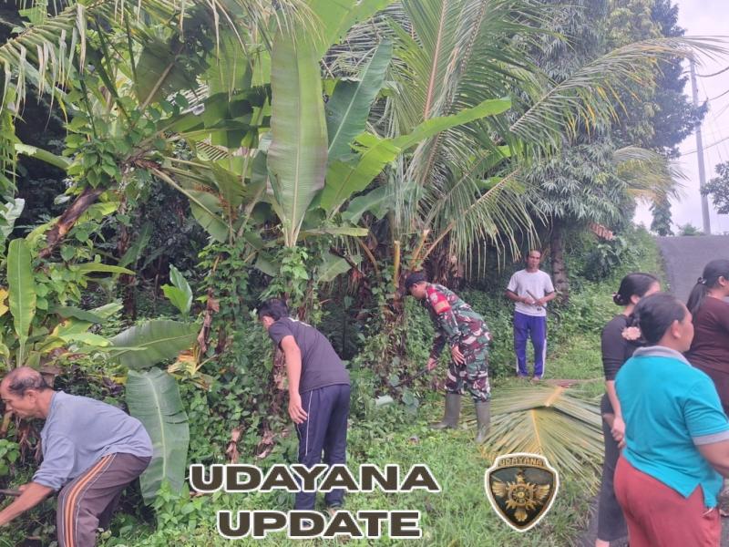 Babinsa Sidetapa Bersama Warga Gotong Royong Bersihkan Jalan Perbatasan Desa