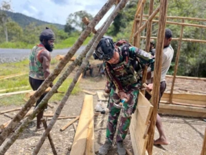 Wujud Kemanunggalan TNI dan Rakyat, Satgas Yonif 743/PSY Gotong Royong Bangun Rumah Warga di Tinolok