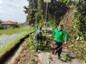 Babinsa Getakan Bersama Petugas Gabungan Gotong Royong Pemangkasan Ranting Pohon