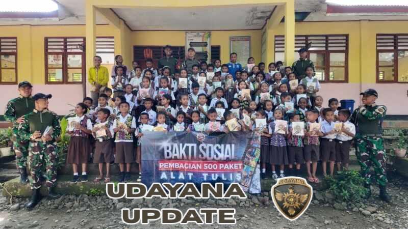 Peduli Literasi, Satgas Pamtas Yonarhanud 2 Kostrad Bagikan 500 Paket Alat Tulis di Desa Wini